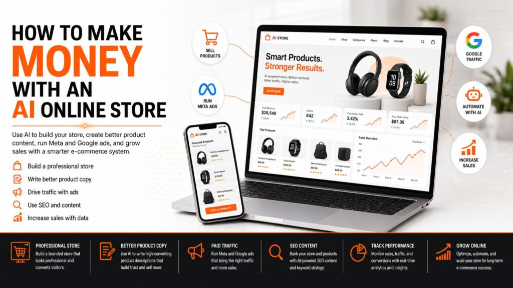 How to build a website with AI using an online store dashboard, product pages, Meta ads, Google traffic, and AI automation.